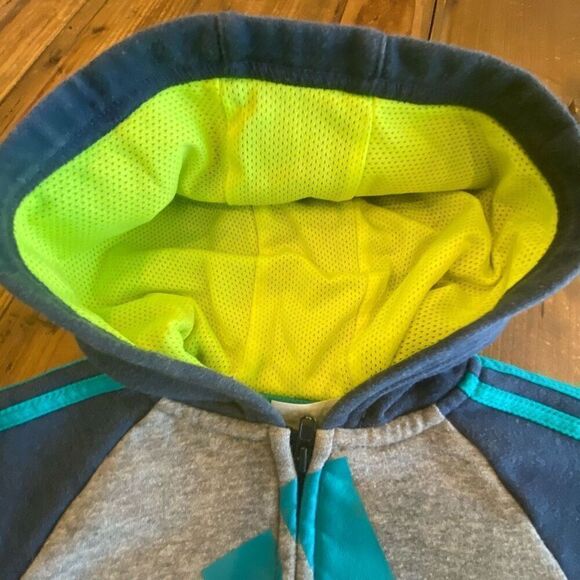 Adidas Hooded ￼Warm Up 2 Piece Outfit Gray Navy Teal Neon Green Sweatsuit Sz 12 - Picture 5 of 10